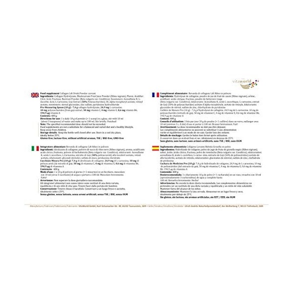 Vita World Pack de 3 Collagène Lift Drink en poudre 3 x 400g Made in Germany