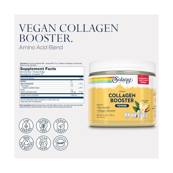 SOLARAY Renforcement au collagène végétalien - Alternative au collagène marin de type 1 en poudre - Santé de la peau et suppo