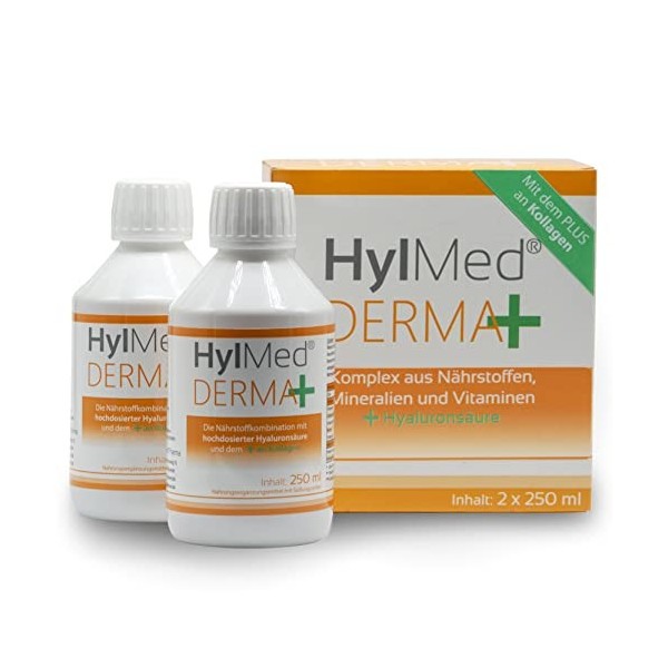 HylMed Derma+ - Acide hyaluronique à forte dose - Avec collagène, zinc, vitamines A, C, B2, B3, biotine pour aider à mainteni
