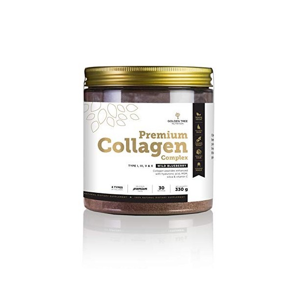 Golden Tree Premium Collagen Complex – Collagène en Poudre avec MSM, Acide Hyaluronique, Vitamine C, Silice – Types I III V X