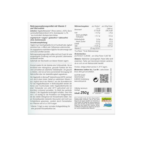 Alsiroyal Cartilage articulaire actif - Pour soutenir un cartilage articulaire sain 250 g de poudre - Avec glucosamine végé