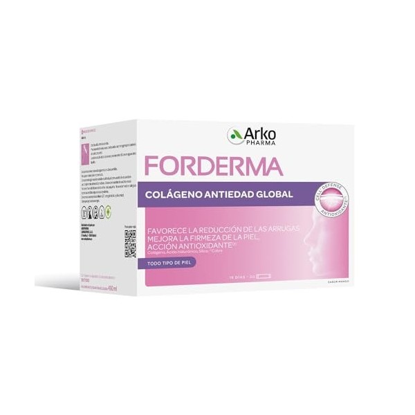 Arkopharma Forderma Anti-âge Global, Collagène hydrolysé, améliore lélasticité de la peau, réduit les rides, goût mangue, co