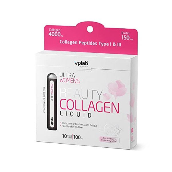 VPLAB Ultra Lot de 10 tubes de collagène liquide pour femme 4000 mg Mélange concentré de fruits tropicaux, fraise et kiwi, pe