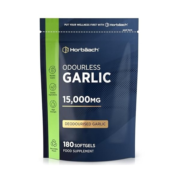 Ail Inodore Gélules 15000mg | 180 Gelules | Haute Résistance | Odourless Garlic Capsules | par Horbaach