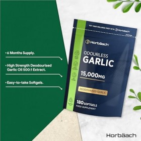 Ail Inodore Gélules 15000mg | 180 Gelules | Haute Résistance | Odourless Garlic Capsules | par Horbaach