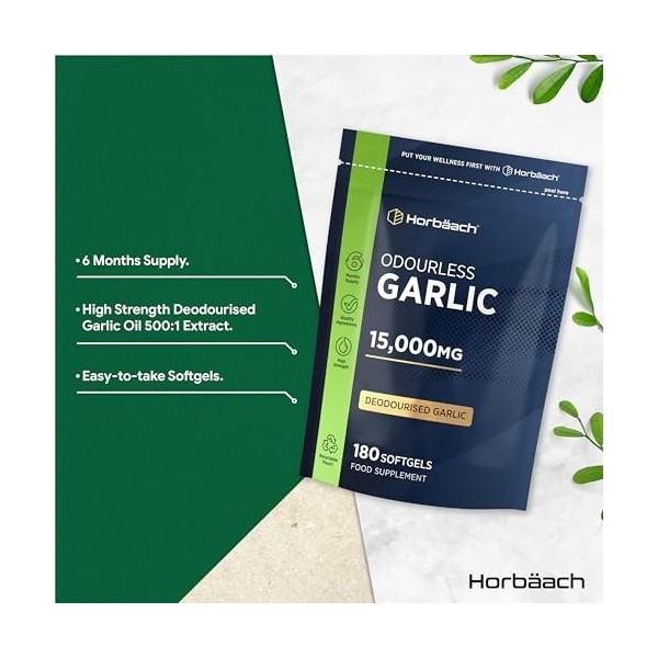 Ail Inodore Gélules 15000mg | 180 Gelules | Haute Résistance | Odourless Garlic Capsules | par Horbaach