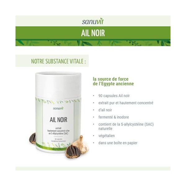 Sanuvit® - Ail noir 600 mg par gélule | 90 gélules | Allium sativum | Hautement dosé | Extrait 15:1 | Haute biodisponibilité 