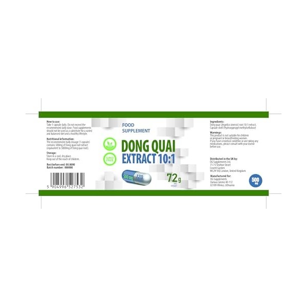 Dong Quai Extrait 5,000mg Equivalent 500mg dextrait 10:1 120 gélules végétaliennes