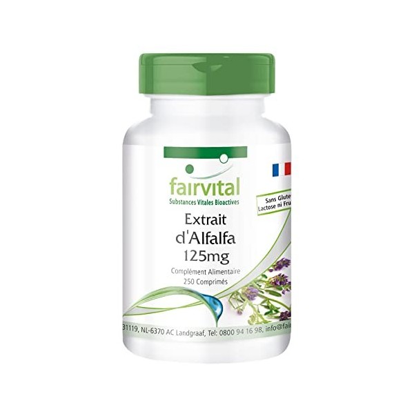 Fairvital | Alfalfa 125mg feuilles dAlfalfa, Medicago sativa , VEGAN, naturel, 250 comprimés, Flacon avantageux - 1500mg pa