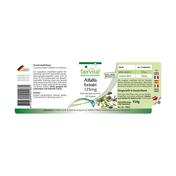 Fairvital | Alfalfa 125mg feuilles dAlfalfa, Medicago sativa , VEGAN, naturel, 250 comprimés, Flacon avantageux - 1500mg pa