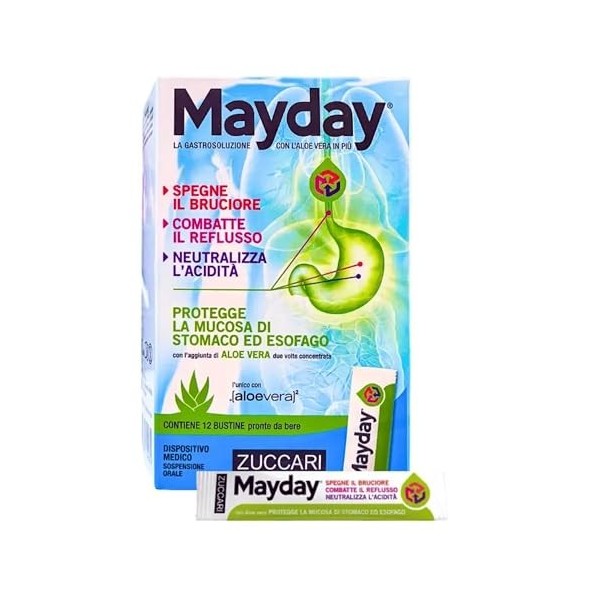 Zuccari Mayday Gastrosolution Lot de 12 bâtonnets de 10 ml avec double concentration daloe vera, alginate de sodium et bicar