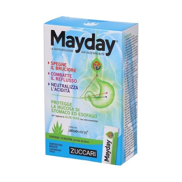 Zuccari Mayday Gastrosolution Lot de 12 bâtonnets de 10 ml avec double concentration daloe vera, alginate de sodium et bicar