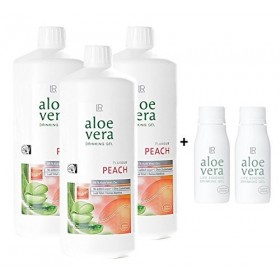 LR Lot de 3 flacons de gel à laloe vera Pêche/pêche 3 x 1000 ml + 2 x bouteilles rotatives à laloe vera vides pour les dépl