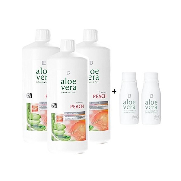 LR Lot de 3 flacons de gel à laloe vera Pêche/pêche 3 x 1000 ml + 2 x bouteilles rotatives à laloe vera vides pour les dépl