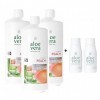 LR Lot de 3 flacons de gel à laloe vera Pêche/pêche 3 x 1000 ml + 2 x bouteilles rotatives à laloe vera vides pour les dépl
