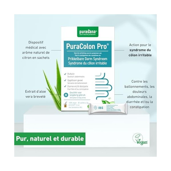 Purasana® PuraColon Pro – 30 Satchets avec 250mg Aloe Vera AVH200® – Soulage le Colon Irritable, la Constipation et Favorise 