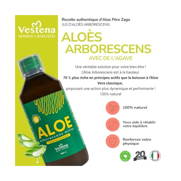 Vestena - Aloe Arborescens avec Agave 100% Pur, Naturel - Recette PÚre Zago. Jus Détox Naturel pour Foie et Intestins, Draina