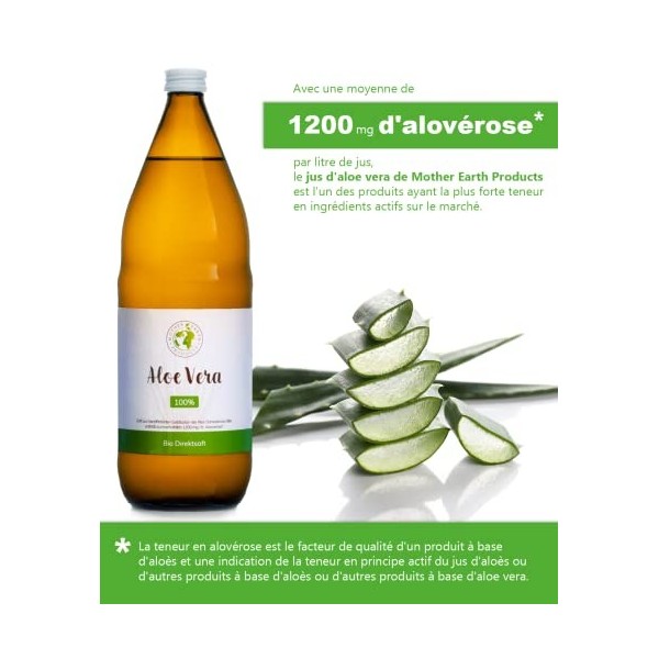 Mother Earth Products Jus d’Aloe Vera 100% BIO | pelé à la main, de l’intérieur de la feuille| Riche en ingrédients naturels ...