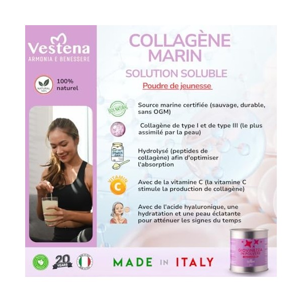 Vestena – Collagène Marin Hydrolysé Type 1 en Poudre avec Acide Hyaluronique & Vitamine C – Antiage Peau, Cheveux, Ongles – C