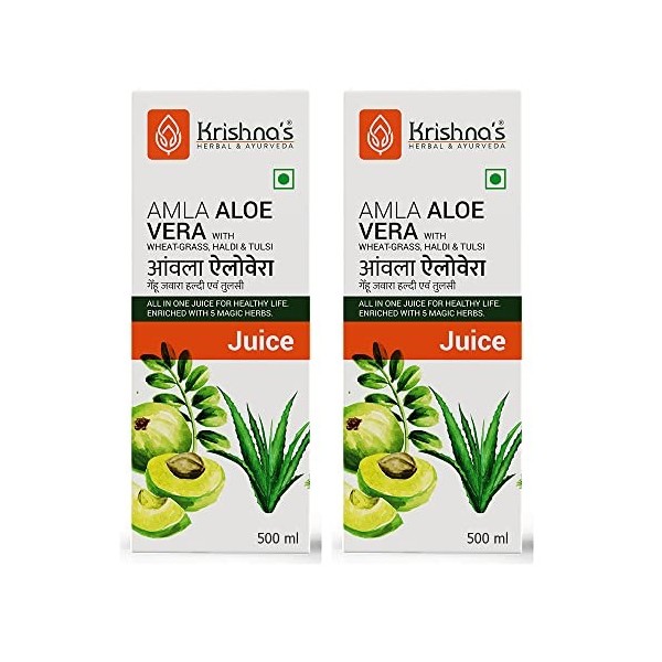Krishnas Amla Aloe Vera Jus dherbe de blé, Haldi et Tulsi – 500 ml lot de 2 | Antioxydant puissant | Enrichi en vitamine