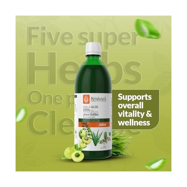 Krishnas Amla Aloe Vera Jus dherbe de blé, Haldi et Tulsi – 500 ml lot de 2 | Antioxydant puissant | Enrichi en vitamine