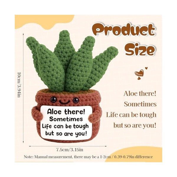 Floruvia Positive Häkel Aloe Vera Pflanze, Mini Häkelpflanze avec Message Positif, Cadeaux Inspirants, Anniversaires, Fête de