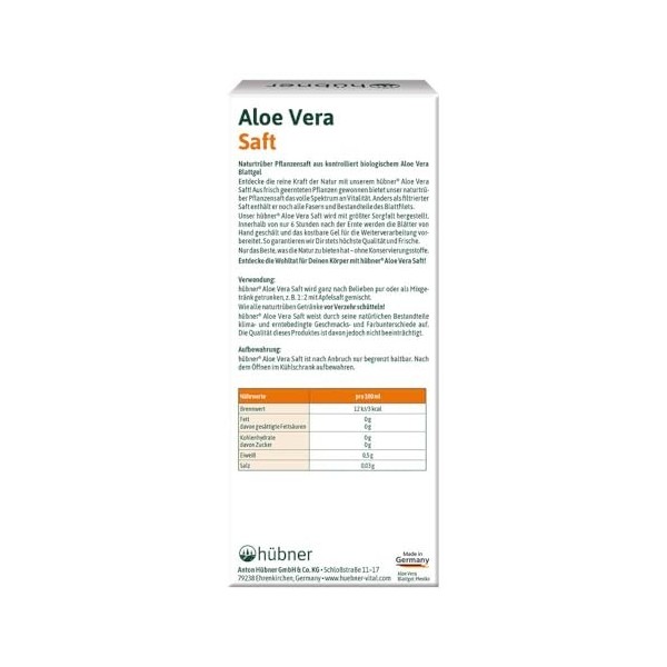 hübner Aloe Vera Jus de plantes bio naturellement trouble 490 ml 6 Aloe Vera