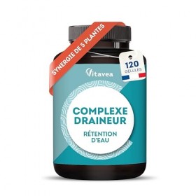 Draineur 5 actifs - Retention deau Drainant Puissant, Elimination - Thé Vert, Pissenlit, Artichaut, Frêne, Cassis, 120 gélul