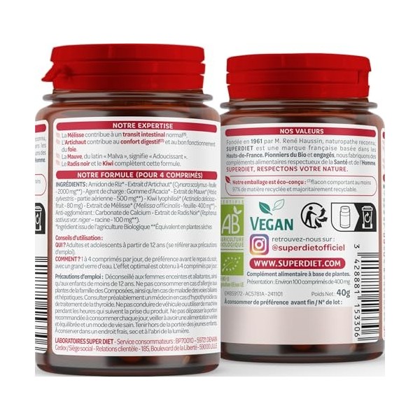 SUPERDIET - AXAROLA MAUVE BIO - Double action Transit et Digestion - Adoucissant - 100% plantes - Bio et Vegan - Fabrication