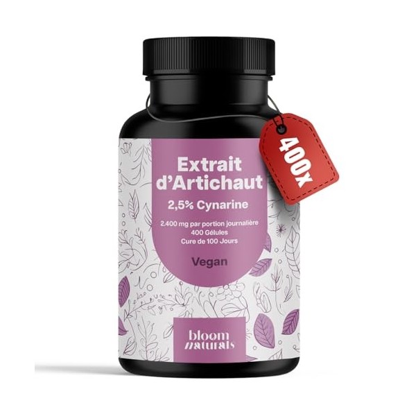 Extrait d’Artichaut Vegan – Haute Concentration – 400 Gélules 100 Jours – 2.400 mg par Portion – 2,5% Cynarine – Produit en