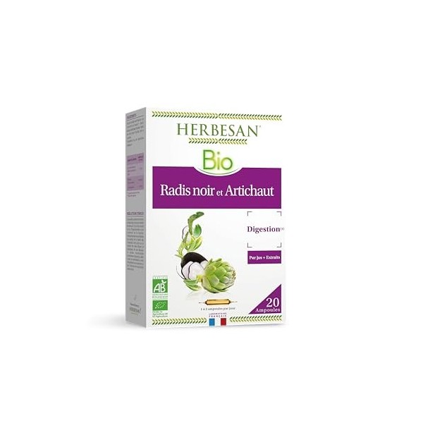 HERBESAN – RADIS NOIR ET ARTICHAUT BIO – Bien être digestif – Laboratoire français – 20 ampoules de 10 ml