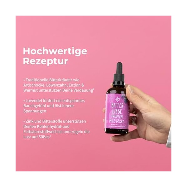 BitterLiebe - Gouttes damertume Mild Berry - Substances amères sans alcool - Gouttes au goût de fruits - Artichaut et pissen