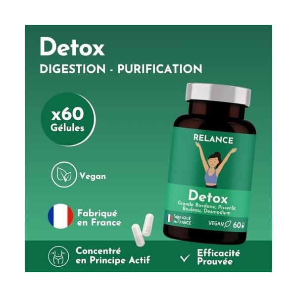 Detox, Digestion, Ventre plat - Pissenlit, Bouleau, Bardane, Desmodium - Complément alimentaire à base de plantes - Relance N