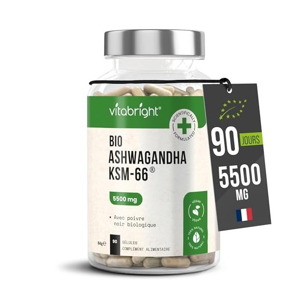 ASHWAGANDHA Bio Gelules Extra Fort 90 Jours | Detox Cortisol | 5500 mg | Ashwagandha KSM-66 + 5% Withanolides | lAshwagandha