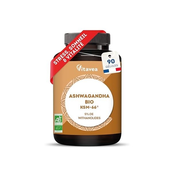 Ashwagandha BIO KSM-66® Breveté - 90 Gélules Vegan - 5% Withanolides - Hautement dosé 600 mg - Réduction du Stress & Cortisol
