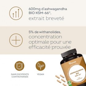 Ashwagandha BIO KSM-66® Breveté - 90 Gélules Vegan - 5% Withanolides - Hautement dosé 600 mg - Réduction du Stress & Cortisol