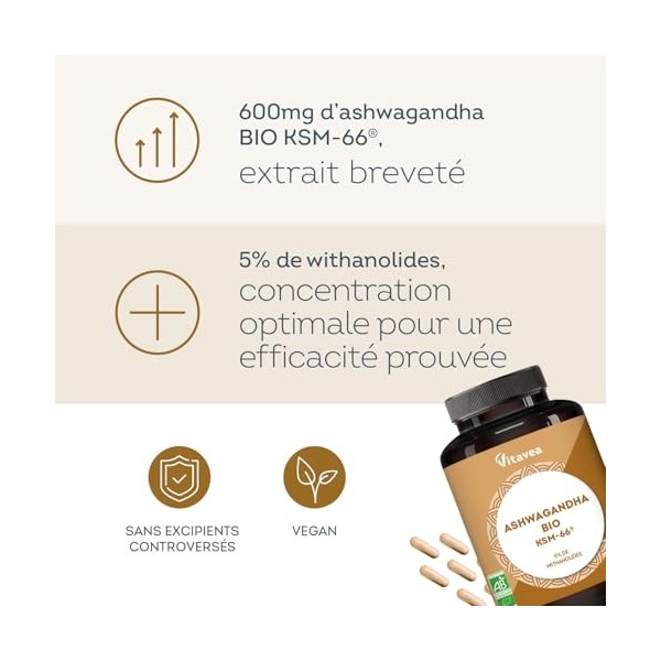 Ashwagandha BIO KSM-66® Breveté - 90 Gélules Vegan - 5% Withanolides - Hautement dosé 600 mg - Réduction du Stress & Cortisol