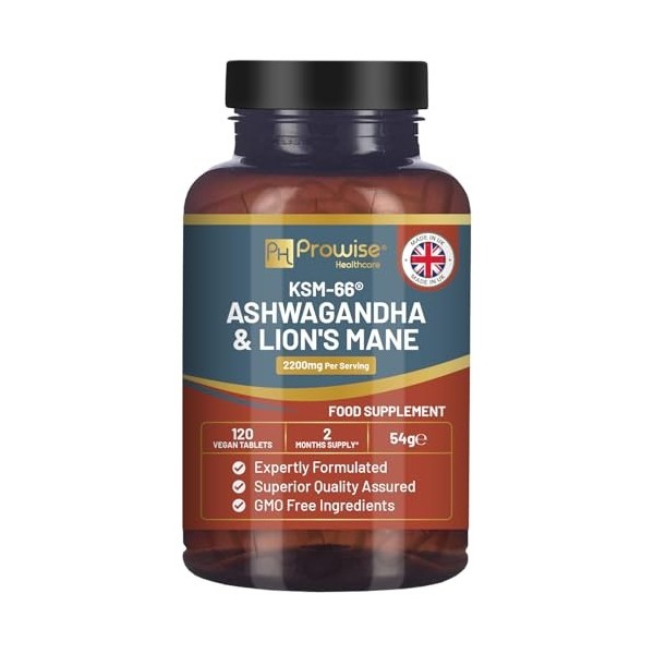 Comprimés KSM-66 Ashwagandha et crinière de lion - Haute concentration 2200 mg | Extrait de racine dAshwagandha KSM-66 et ex