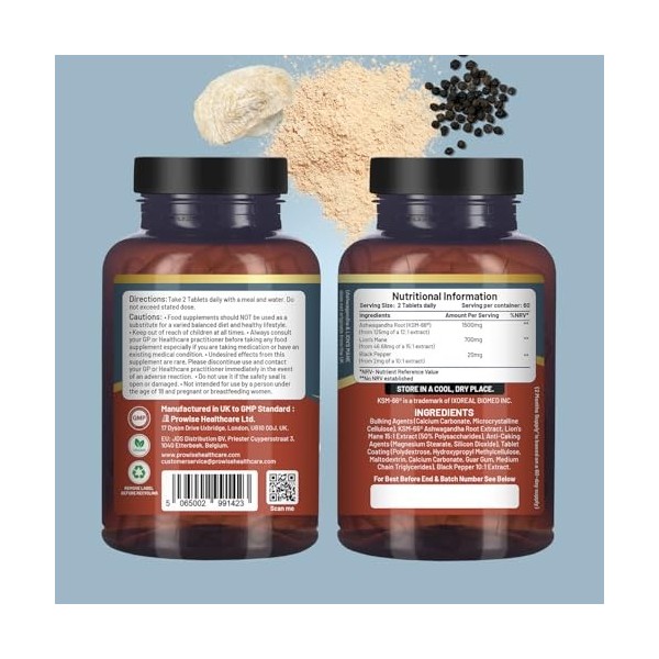 Comprimés KSM-66 Ashwagandha et crinière de lion - Haute concentration 2200 mg | Extrait de racine dAshwagandha KSM-66 et ex