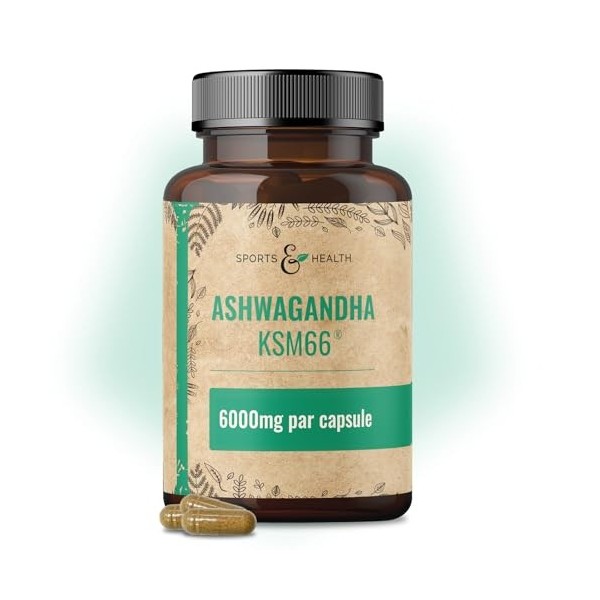 Ashwagandha KSM-66 Gélules – Ultra hautement dosé 6 000 mg par gélule – Extrait pur sans additifs – 100 gélules d’Ashwagandha