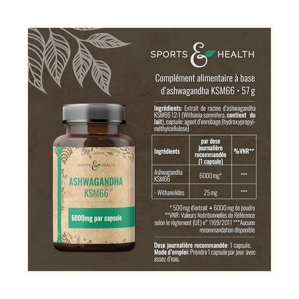 Ashwagandha KSM-66 Gélules – Ultra hautement dosé 6 000 mg par gélule – Extrait pur sans additifs – 100 gélules d’Ashwagandha