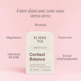 Cortisol Balance - 600 mg Ashwagandha KSM 66, Rhodiola Rosea avec Magnésium, Vitamine B6 et B5 - par Tummy Tox Ashwagandha