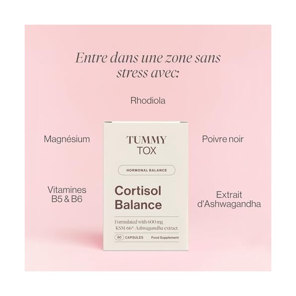 Cortisol Balance - 600 mg Ashwagandha KSM 66, Rhodiola Rosea avec Magnésium, Vitamine B6 et B5 - par Tummy Tox Ashwagandha