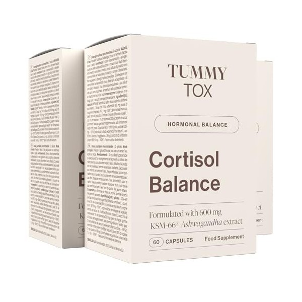 Cortisol Balance - 600 mg Ashwagandha KSM 66, Rhodiola Rosea avec Magnésium, Vitamine B6 et B5 - par Tummy Tox Ashwagandha