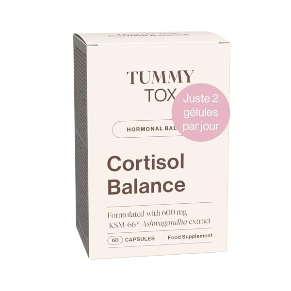 Cortisol Balance - 600 mg Ashwagandha KSM 66, Rhodiola Rosea avec Magnésium, Vitamine B6 et B5 - par Tummy Tox Ashwagandha