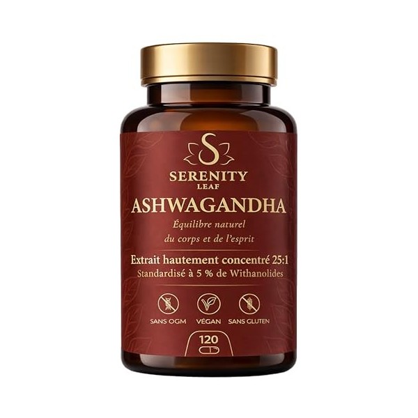 Ashwagandha 25:1 Haute Puissance - Standardisée à 5% de Withanolides - Serenity Leaf - Adaptogène pour le Stress, le Calme, l