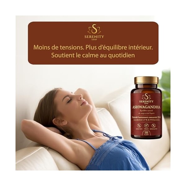 Ashwagandha 25:1 Haute Puissance - Standardisée à 5% de Withanolides - Serenity Leaf - Adaptogène pour le Stress, le Calme, l