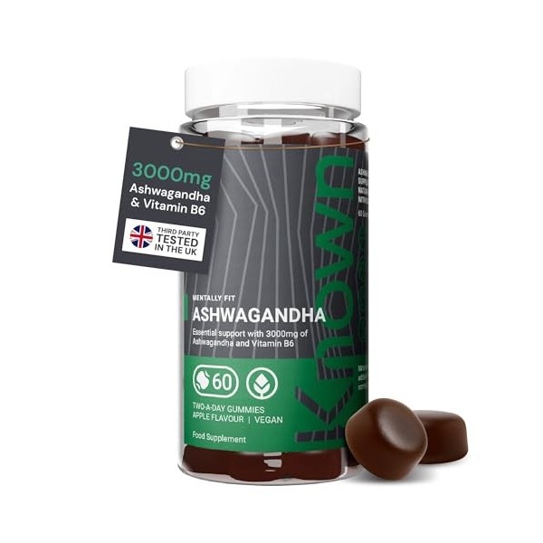 Known 3000mg Ashwagandha Haute Concentration Gummies – Saveur Pomme – Complément Gommes Végan avec Extrait de Racine & Vitami