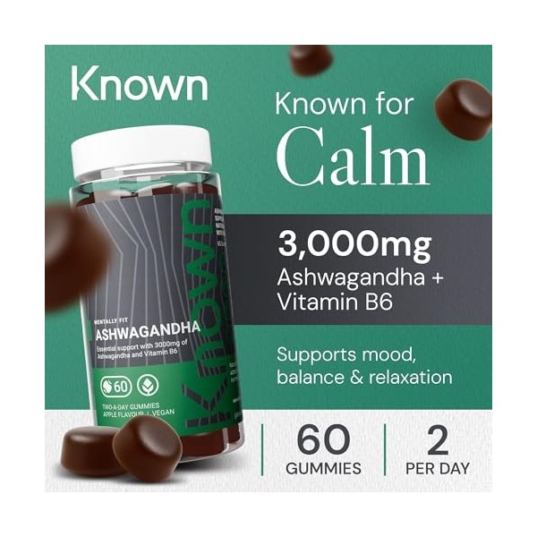 Known 3000mg Ashwagandha Haute Concentration Gummies – Saveur Pomme – Complément Gommes Végan avec Extrait de Racine & Vitami