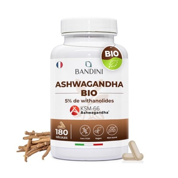 Bandini® Ashwagandha BIO KSM-66® Extra Fort - 500mg par dose, 5% de witanolides - 180 Gélules pour 6 mois - Poudre de Withani